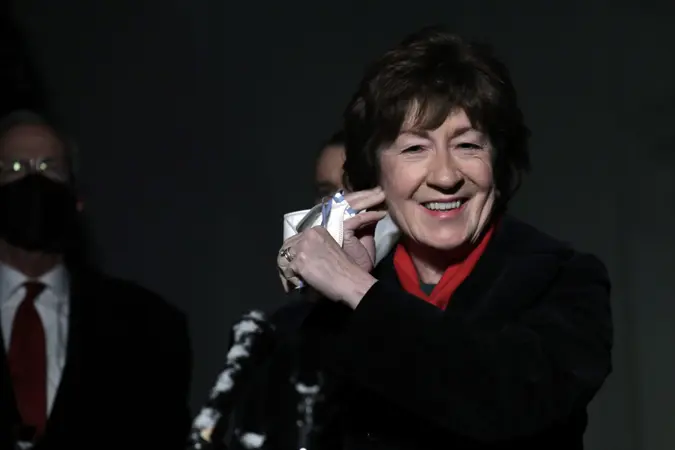 Mandatory Credit: Photo by Shutterstock (11741742m)United States Senator Susan Collins (Republican of Maine) removes a face mask to speak to the media with fellow Republican senators after their meeting with US President Joe Biden and US Vice President Kamala Harris about the American Rescue Plan in the Oval Office at the White House in Washington, DC.