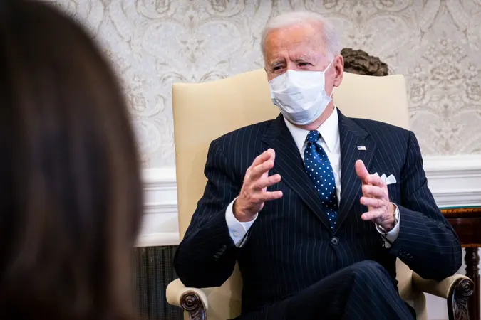 Mandatory Credit: Photo by Pete Marovich/POOL/EPA-EFE/Shutterstock (11752842p)US President Joe Biden speaks as Vice President Kamala Harris (not pictured) and Secretary of the Treasury, Janet Yellen (not pictured) meet with business leaders about the critical need for the American Rescue Plan in the Oval Office at the White House in Washington, DC, USA on 09 February 2021.