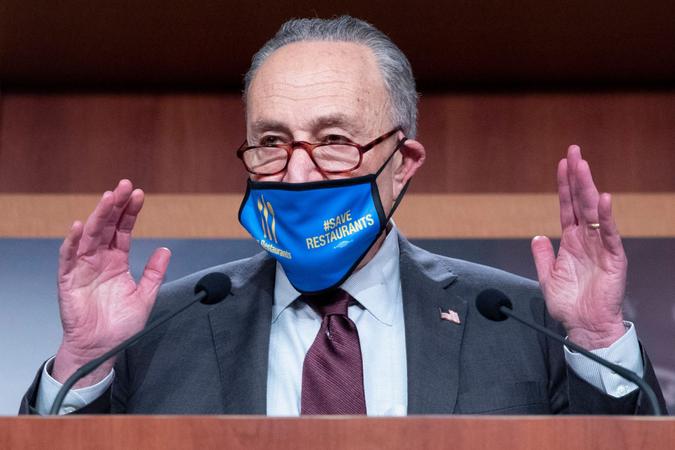 Mandatory Credit: Photo by MICHAEL REYNOLDS/EPA-EFE/Shutterstock (11773219b)Senate Majority Leader Chuck Schumer holds a news conference regarding COVID-19 economic stimulus relief legislation, on Capitol Hill in Washington, DC, USA, 23 February 2021.