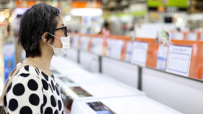 The Asian woman going shopping with face mask.