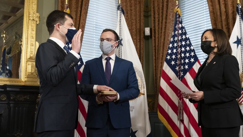 Mandatory Credit: Photo by Chris Kleponis/UPI/Shutterstock (11744326d)United States Vice President Kamala Harris swears in Pete Buttigieg as Secretary of Transportation while his husband Chasten Buttiegieg watchedVP Kamala Harris swears in Pete Buttigieg as Secretary of Transportation, Washington, DC, USA - 03 Feb 2021.