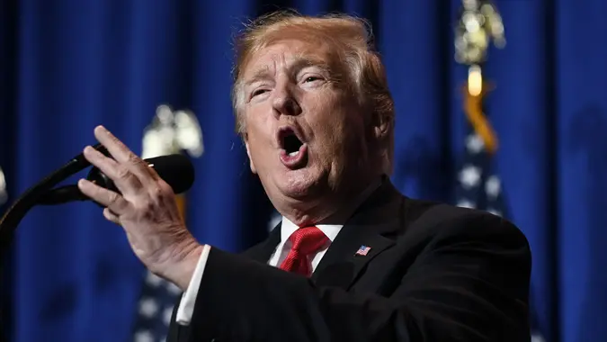 Mandatory Credit: Photo by Olivier Douliery/POOL/EPA-EFE/Shutterstock (10239972u)US President Donald Trump speaks at the National Association of Realtors Legislative Meeting and Trade Expo at the Washington Marriott Wardman Park in Washington, DC, USA, 17 May 2019.