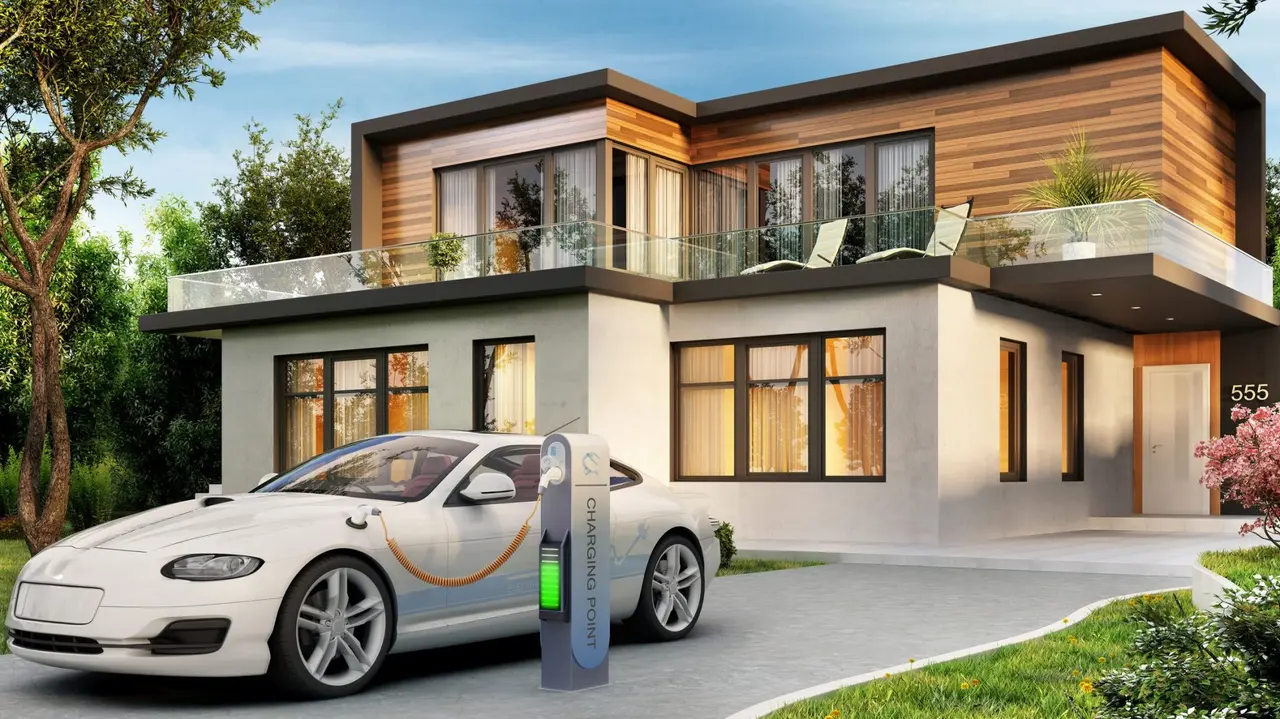 Modern house and electric vehicle charging station.