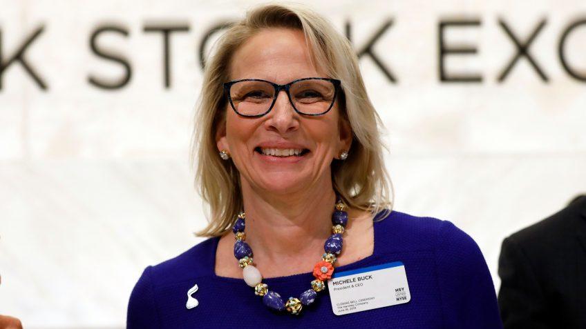 Mandatory Credit: Photo by Richard Drew/AP/Shutterstock (10314784b)Hershey Company President & CEO Michele Buck poses for photos before ringing the New York Stock Exchange closing bell, to celebrate the 125th anniversary of the company's foundingFinancial Markets Wall Street Hershey, New York, USA - 18 Jun 2019.