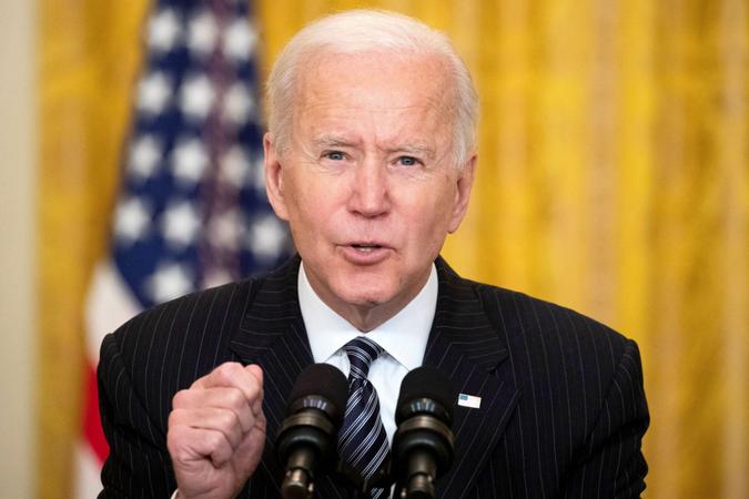 Mandatory Credit: Photo by MICHAEL REYNOLDS/POOL/EPA-EFE/Shutterstock (11805708a)US President Joe Biden delivers remarks on the state of COVID-19 vaccinations, in the East Room of the White House in Washington, DC, USA, 18 March 2021.