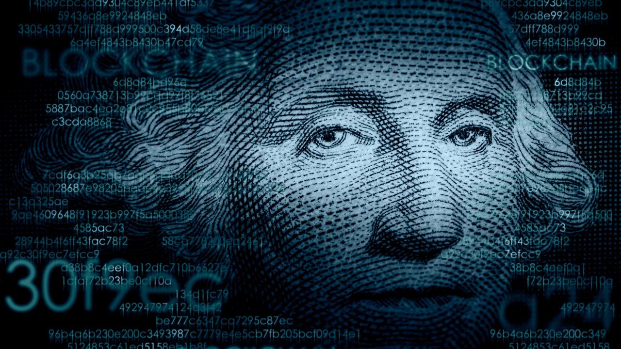 George Washington on dollar bill with blockchain code
