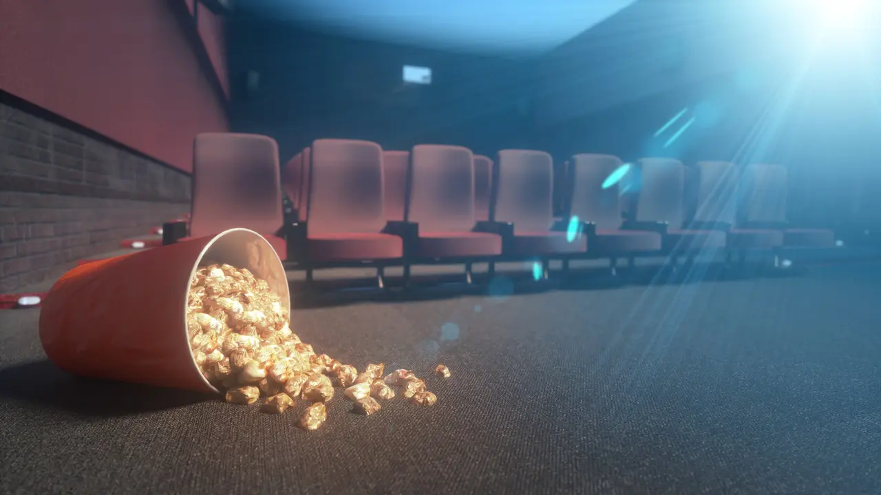 fallen bucket of popcorn in an abandoned movie theater, during the epidemic of the coronavirus 3d render.