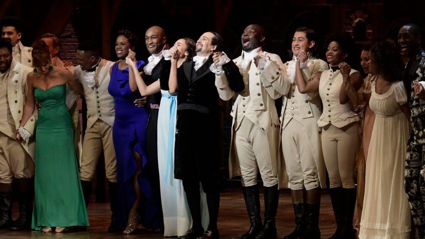 Mandatory Credit: Photo by Carlos Giusti/AP/Shutterstock (10054822h)Actors of the the award-winning Broadway musical, Hamilton, including its composer and creator, New York native of Puerto Rican descent, Lin-Manuel Miranda, center, receive a standing ovation at the ending of its premiere held at the Santurce Fine Arts Center, in San Juan, Puerto Rico, .