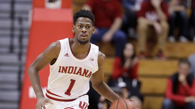 Mandatory Credit: Photo by Darron Cummings/AP/Shutterstock (10487961a)Indiana's Al Durham (1) dribbles during the first half of an NCAA college basketball game against Louisiana Tech, in Bloomington, IndLouisiana Tech Indiana Basketball, Bloomington, USA - 25 Nov 2019.
