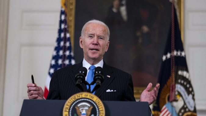 Mandatory Credit: Photo by DOUG MILLS/UPI/Shutterstock (11782938ac)President Joe Biden delivers remarks on the ongoing COVID-19 pandemic in the State Dining Room of the White House, Tuesday, March, 2, 2021.