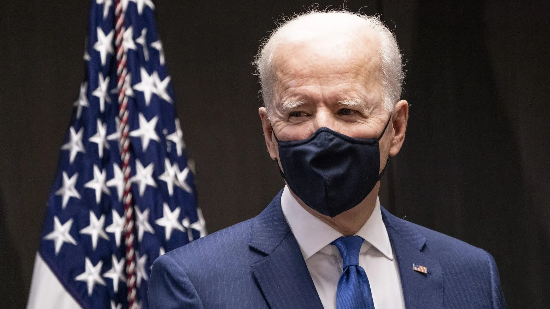 Mandatory Credit: Photo by KEVIN DIETSCH/Shutterstock (11791474d)President Joe Biden deliver remarks as he visits a Veterans Affairs (VA) COVID-19 vaccination center in Washington, DC on Monday, March 8, 2021.