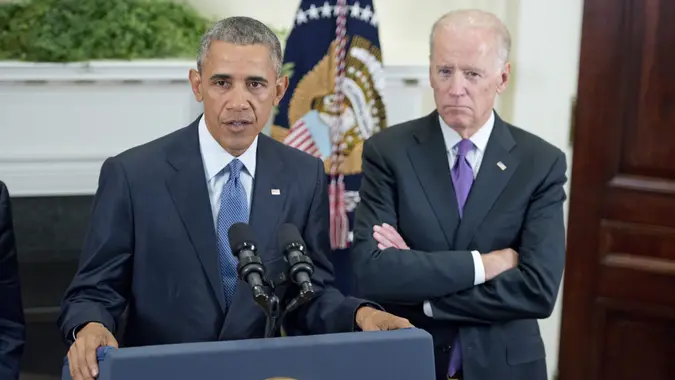 Mandatory Credit: Photo by Shutterstock (5254513p)Barack Obama and Joe BidenPresident Barack Obama gives a statement on Afghanistan, Washington DC, America - 15 Oct 2015President Barack Obama announces he will keep 5,500 US troops in Afghanistan when he leaves office in 2017 and explains his reasoning for that action in the Roosevelt Room of the White House in Washington, DC.