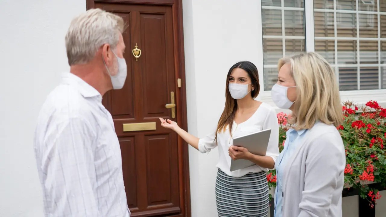 Real estate agent wearing a facemask while showing house to a couple during the COVID-19 pandemic.