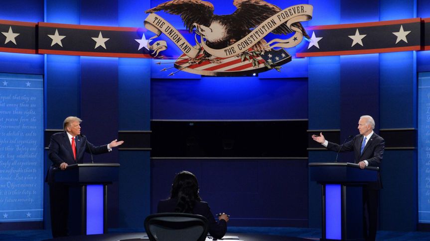 Mandatory Credit: Photo by KEVIN DIETSCH/UPI/Shutterstock (11665880m)Republican presidential candidate President Donald Trump and Democratic presidential candidate former Vice President Joe Biden participate in the final presidential debate with moderator Kristen Welker, on the campus of Belmont University, in Nashville, Tennessee, on Thursday, October 22, 2020.