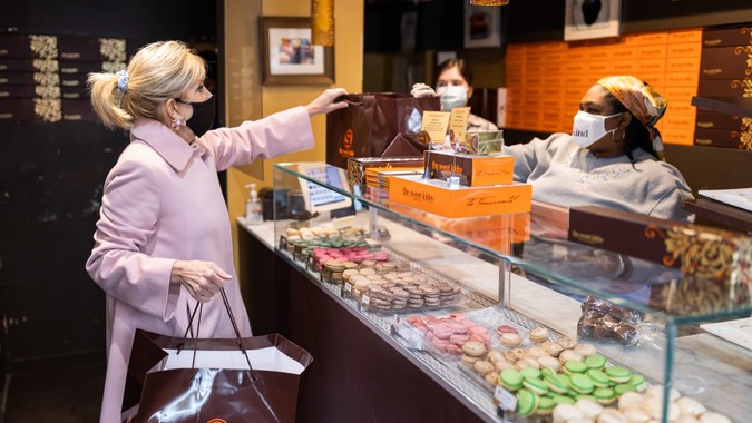 Mandatory Credit: Photo by White House/News Pictures/Shutterstock (11772223a)First Lady Jill Biden visits The Sweet Lobby bakery Friday, Feb.