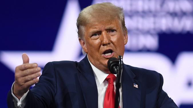 Former President Trump Speaks at 2021 CPAC in Orlando, US - 28 Feb 2021 Mandatory Credit: Photo by Paul Hennessy/SOPA Images/Shutterstock (11783909c)Former President Donald Trump addresses attendees at the 2021 Conservative Political Action Conference (CPAC) at the Hyatt Regency.
