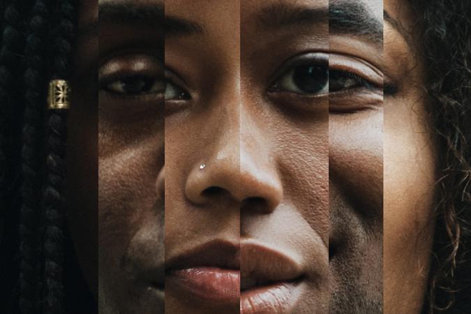 A montage blend of African American faces close up, both men and women with different shades and colors in skin tone.