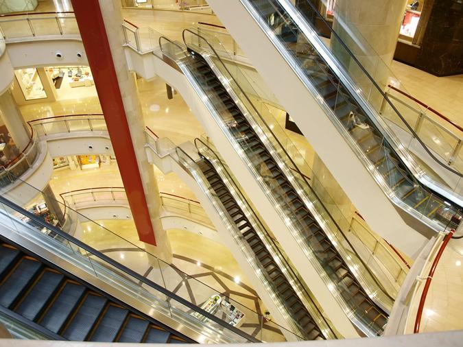 Escalator in shopping mall.