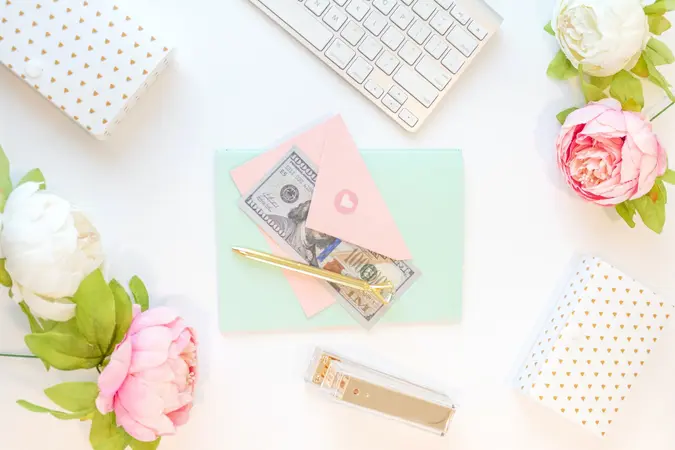 Feminine desk with money