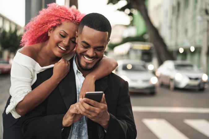 Street, City Street, Mobile Phone, Smart Phone, Smiling.