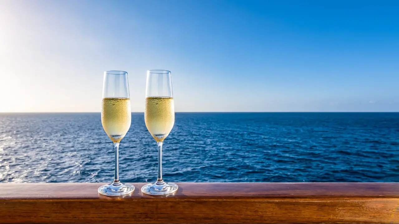 Pair of sparkling wine glasses sit on a wooden ship railing with ocean view, evoking luxury travel and relaxation.