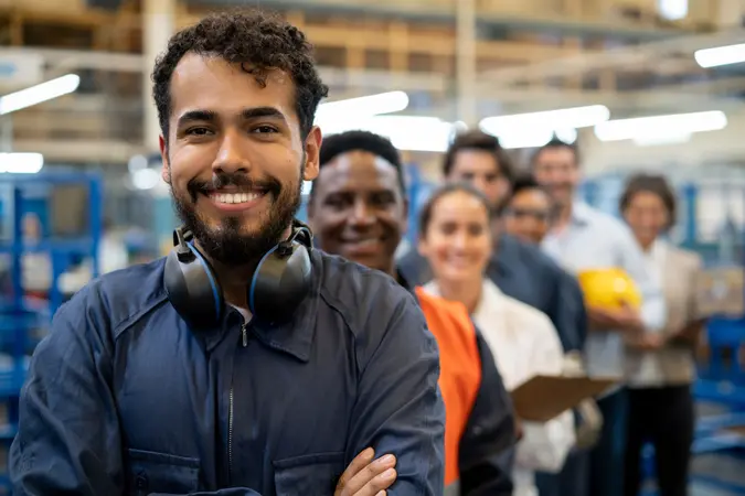 Cheerful handsome blue collar worker and team of engineers at a factory standing in a row smiling at camera with arms crossed.