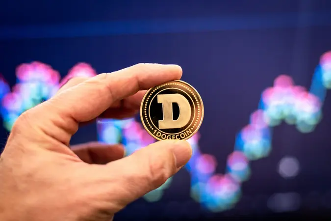 Dogecoin being held in front of chart.