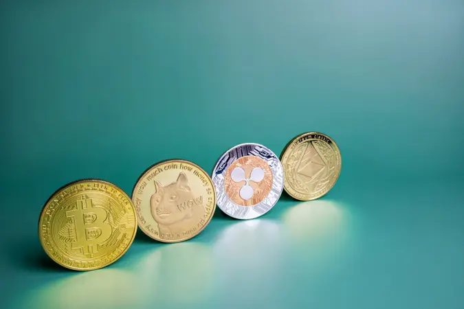Bitcoin, Ripple XRP, Dogecoin, Ethereum crypto coins row on green background.