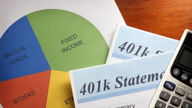 Close up of a 401(k) statement and pie chart.