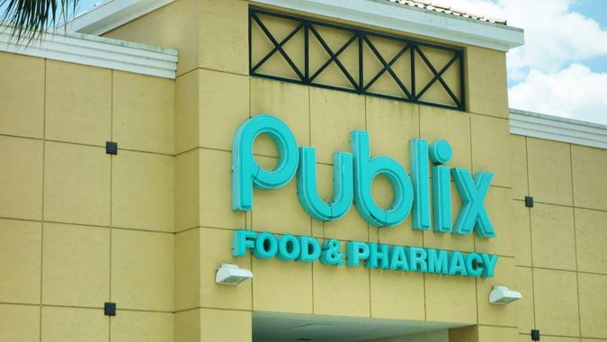West Palm Beach, Florida, USA - April 9, 2014: Publix supermarket building in a suburban mall in West Palm Beach, Florida.