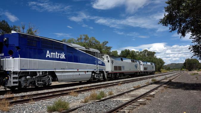 Lamy, United States - September 8, 2015: The eastbound Amtrak Southwest Chief passenger train departing Lamy, New Mexico, USA.