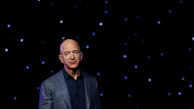 Mandatory Credit: Photo by Patrick Semansky/AP/Shutterstock (10538400b)Jeff Bezos speaks at an event to unveil Blue Origin's Blue Moon lunar lander in Washington.