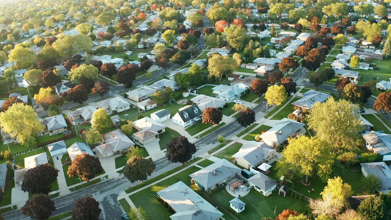 Aerial view of residential houses at autumn (october).
