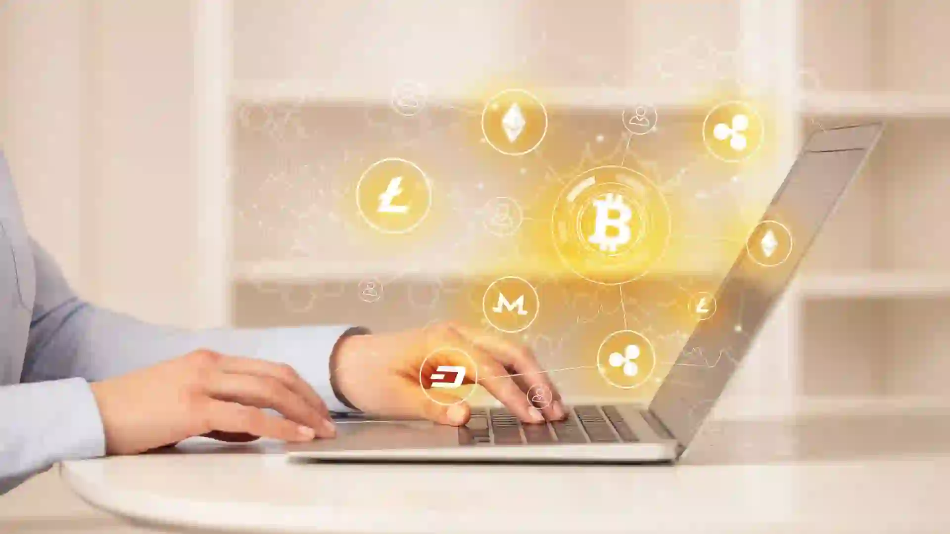 Business woman working on tablet with cryptocurrency bitcoin link network and online concept.