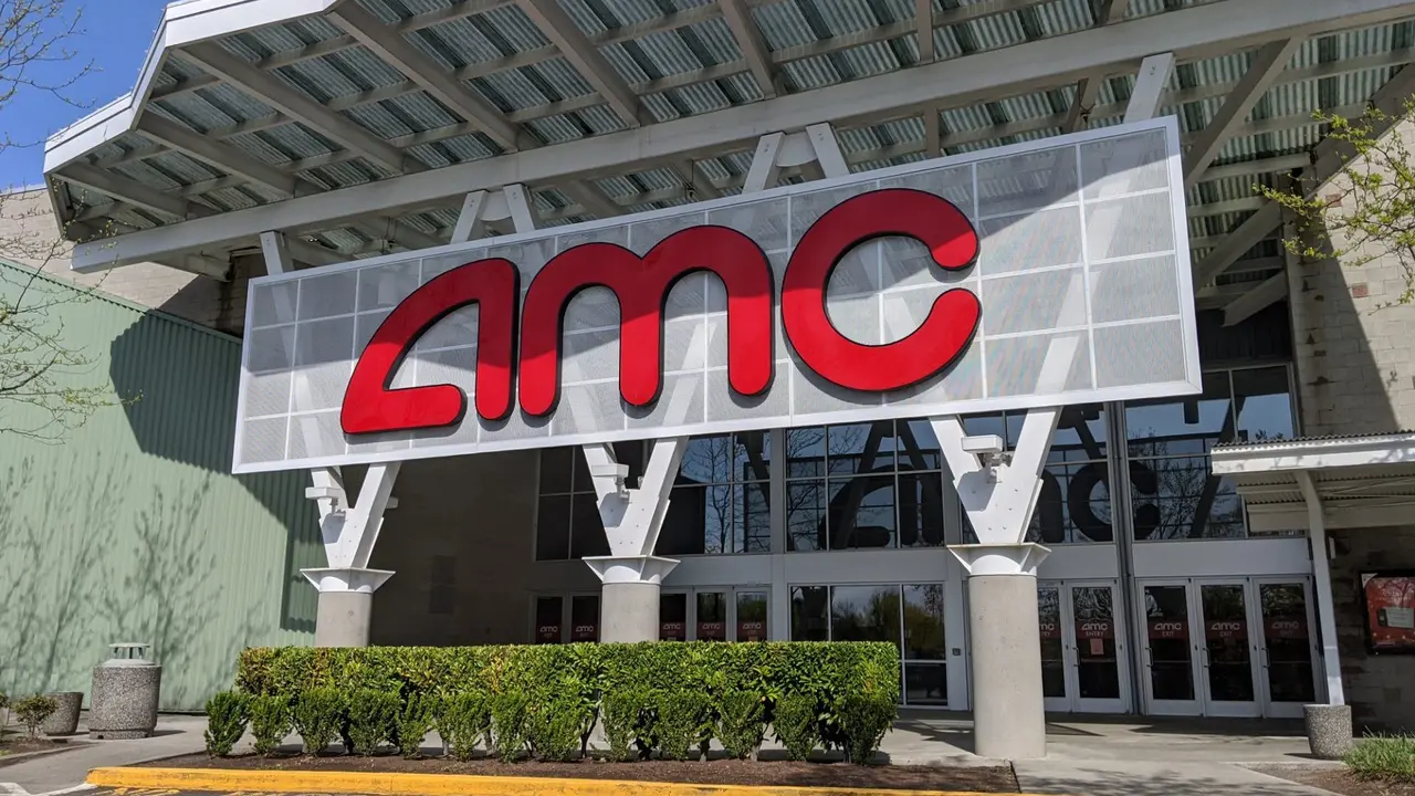 Woodinville, WA / USA - circa April 2020: Low angle view of the exterior of an AMC movie theater on a sunny day.