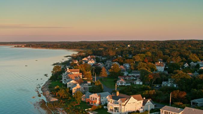 Drone shot of Cape Cod Bay at sunset on a sunny day in Fall, close to the town of Barnstable, Massachusetts