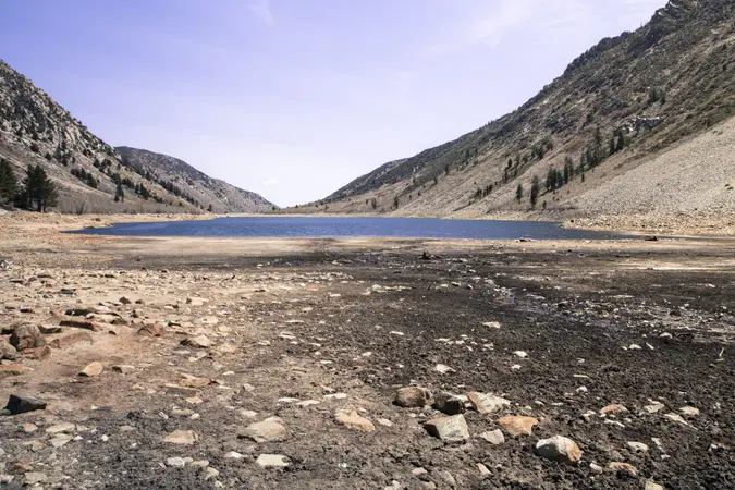 California lake with very low water from years of drought.