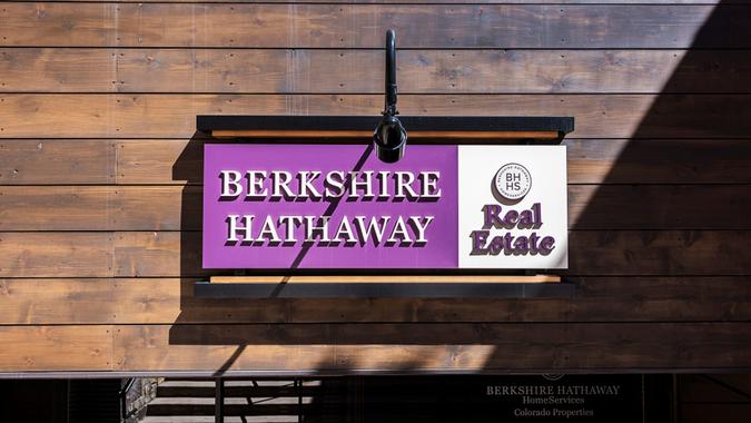 Berkshire Hathaway real estate sign in Vail, Colorado Vail, USA - September 10,2015: A Berkshire Hathaway real estate sign in Vail, Colorado.