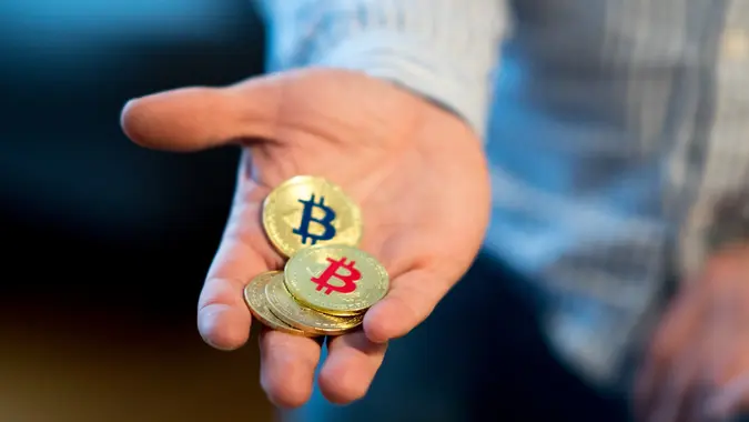 Golden Bitcoins (new virtual money) stock photo