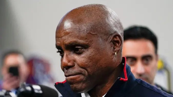 Mandatory Credit: Photo by Jim Cowsert/AP/Shutterstock (10514115ag)Olympic sprinter Carl Lewis is seen on the sidelines during the first half in the NCAA Cotton Bowl college football game between Penn State and Memphis, in Arlington, TexasMemphis Penn State Football, Arlington, USA - 28 Dec 2019.