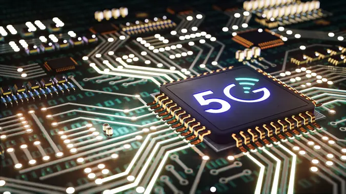 3D of Motherboard with 5g chip, 5G High speed internet network communication with icon, Smart city and communication network and internet of things, concept of 5G network, high-speed mobile Internet, new generation networks.