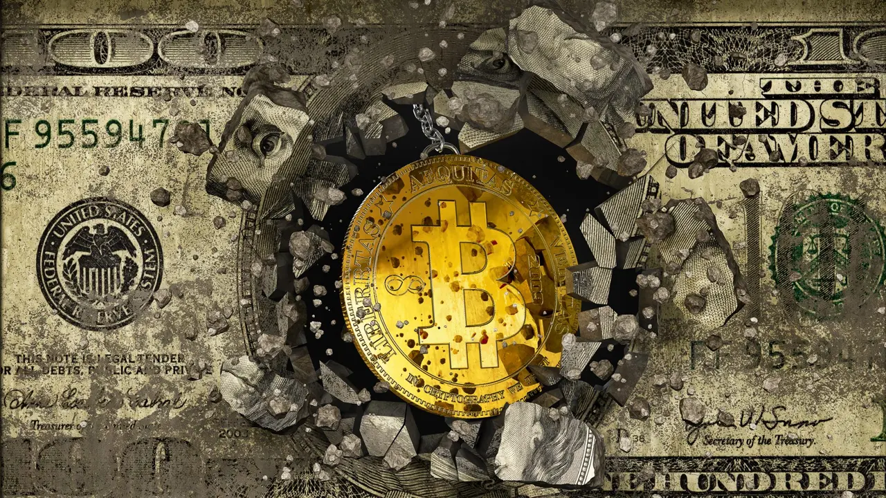 Concept of bitcoin destroying the concrete wall with dollar graffiti, 3d illustration.