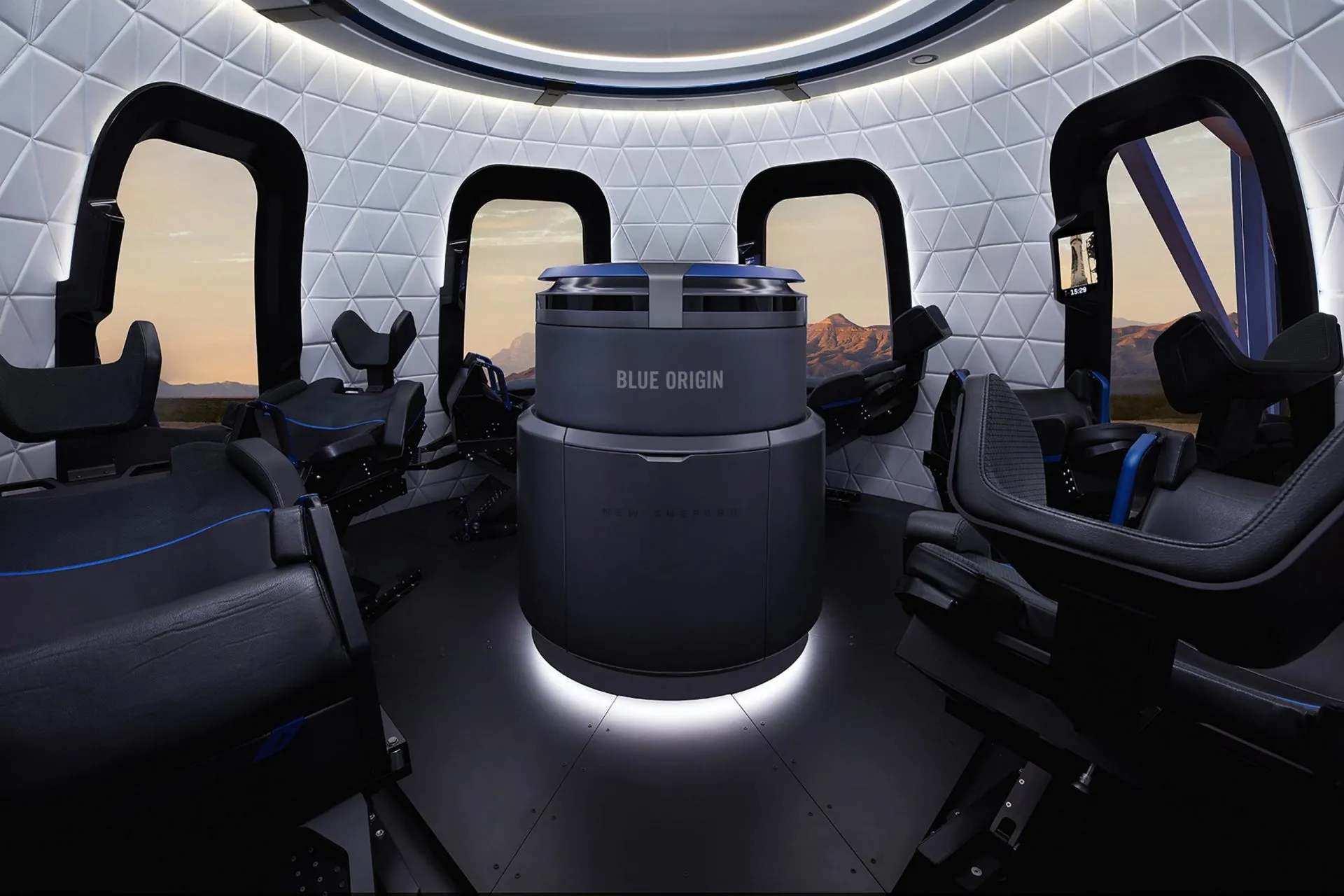 Mandatory Credit: Photo by Blue Origin/UPI/Shutterstock (12221681c)Blue Origin's New Shepard suborbital rocket remains on schedule to launch on its 16th flight to space and its first with astronauts on board on Tuesday, July 20, 2021, from Launch Site One, 160 miles east of El Paso, Texas.
