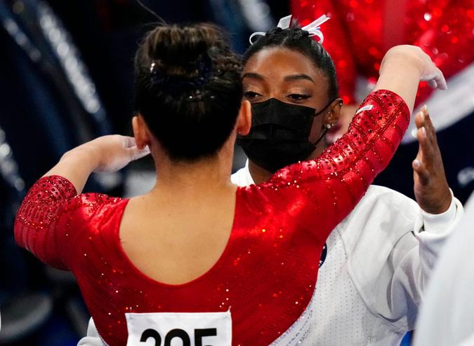 Mandatory Credit: Photo by Dave Shopland/Shutterstock (12232742bh)Simone Biles embraces teammate Sunisa Lee after withdrawing from the Artistic Gymnastic, Women's Team FinalArtistic Gymnastics, Ariake Gymnastics Centre, Tokyo Olympic Games 2020, Japan - 27 Jul 2021.