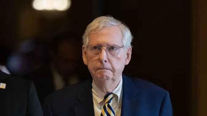 Mandatory Credit: Photo by MICHAEL REYNOLDS/EPA-EFE/Shutterstock (14004787a)Senate Minority Leader Mitch McConnell walks to the Senate chamber on Capitol Hill in Washington, DC, USA, 10 July 2023.