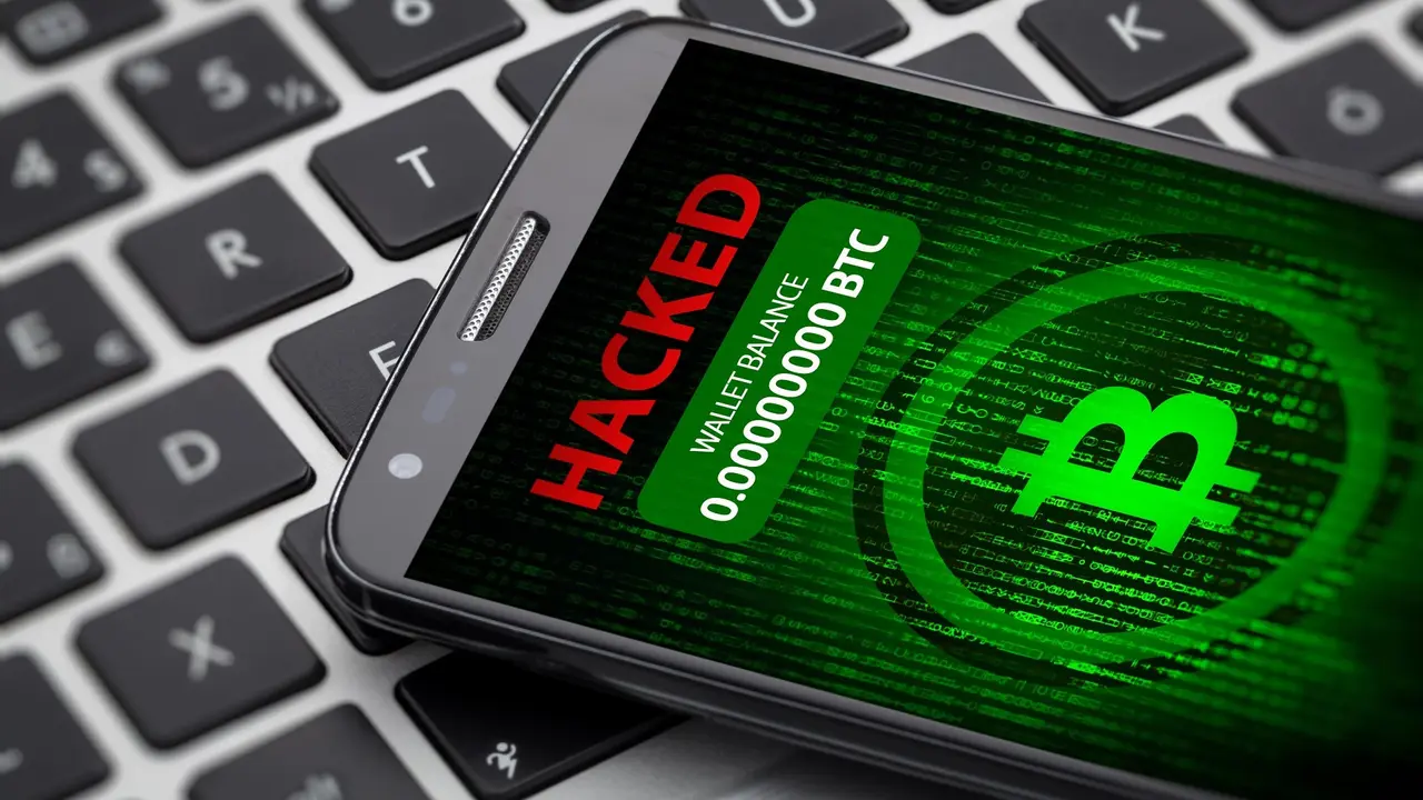 Bitcoin wallet hacked message on smart phone screen. stock photo