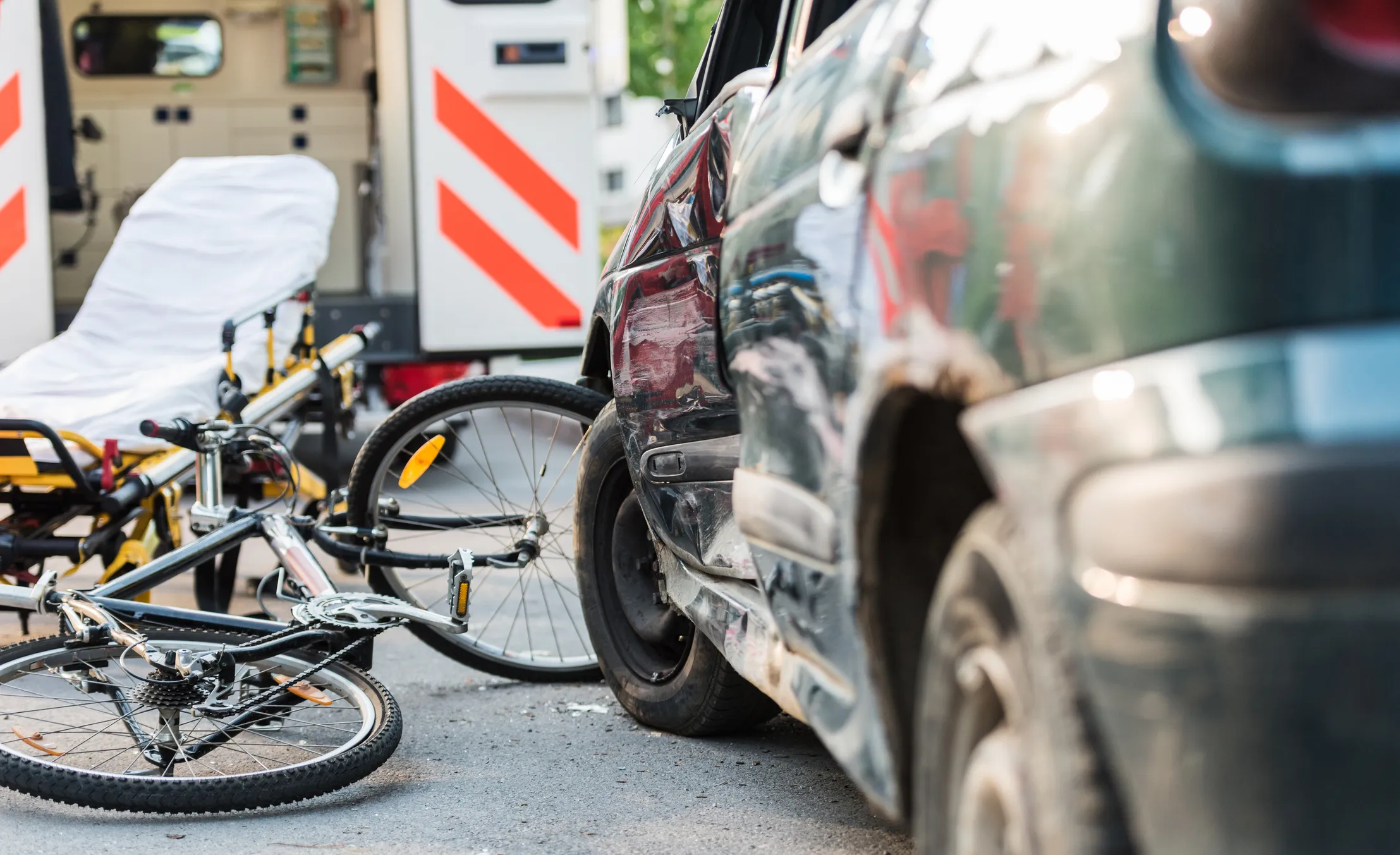 Accident Car Crash With Bicycle On Road.