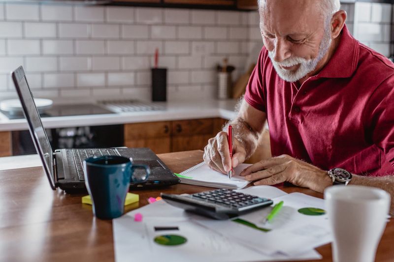 Senior man is sitting at the table, using a lpatop and planning home budget and writing something on the paper.