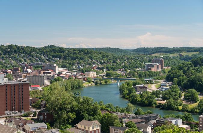 View of the downtown area of Morgantown WV and campus of West Virginia University.