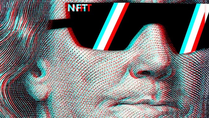 Concept cryptographic nft on a hundred-dollar bill franklin in glasses stock photo